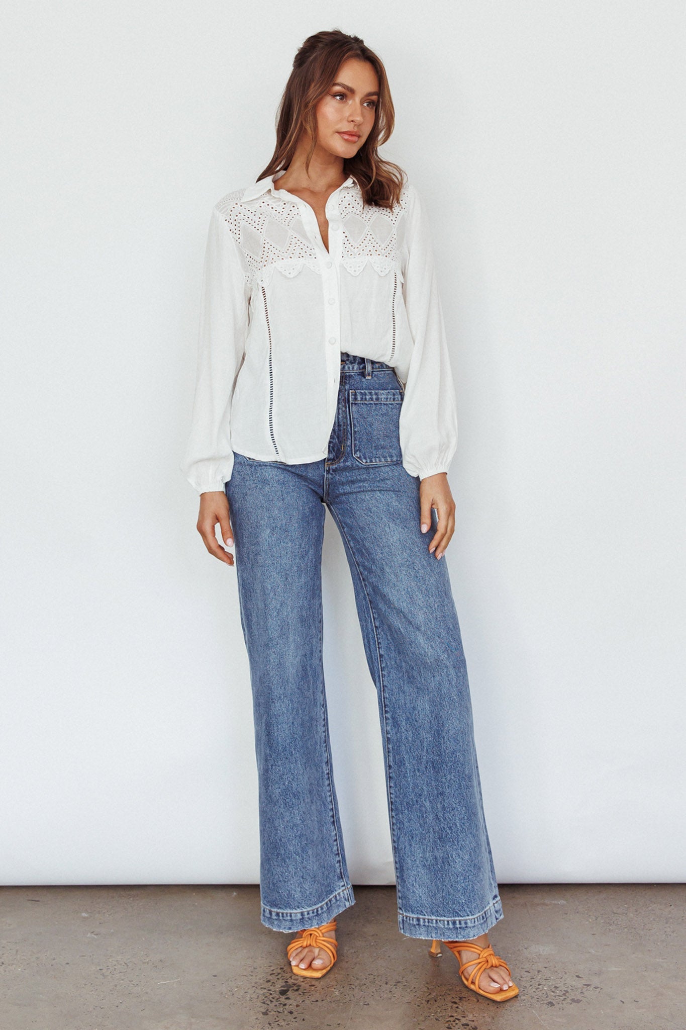 Villa Oasis Long Sleeve Button Shirt White