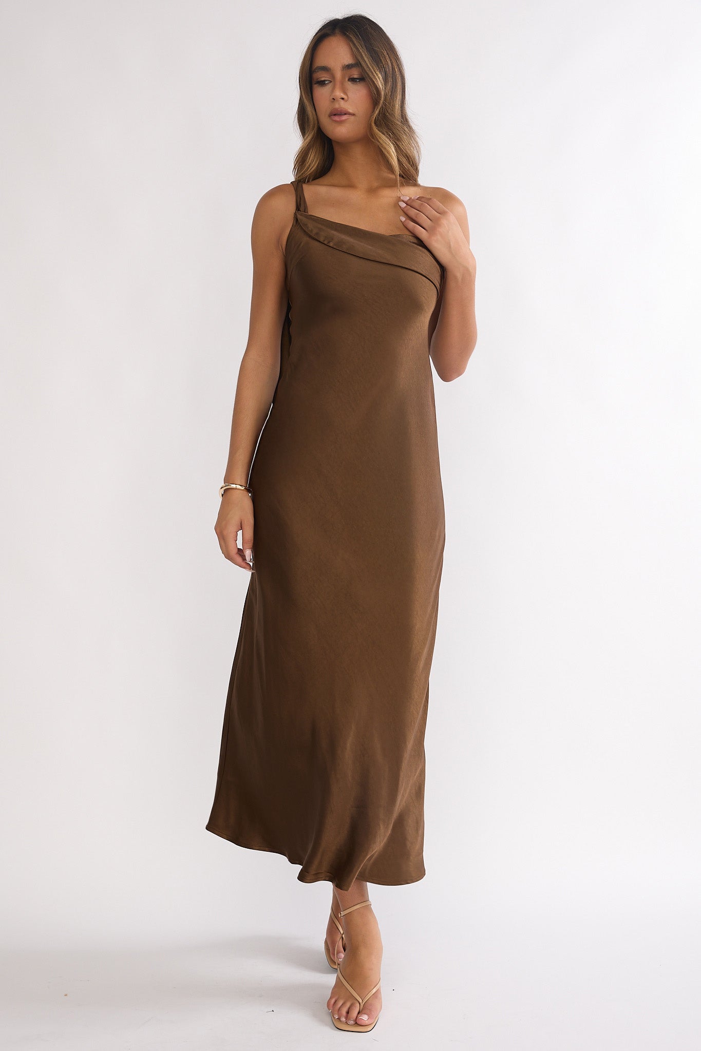 Carmel One-Shoulder Sash Maxi Dress Chocolate
