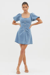 New Heights Puff Sleeve Mini Dress Denim Blue