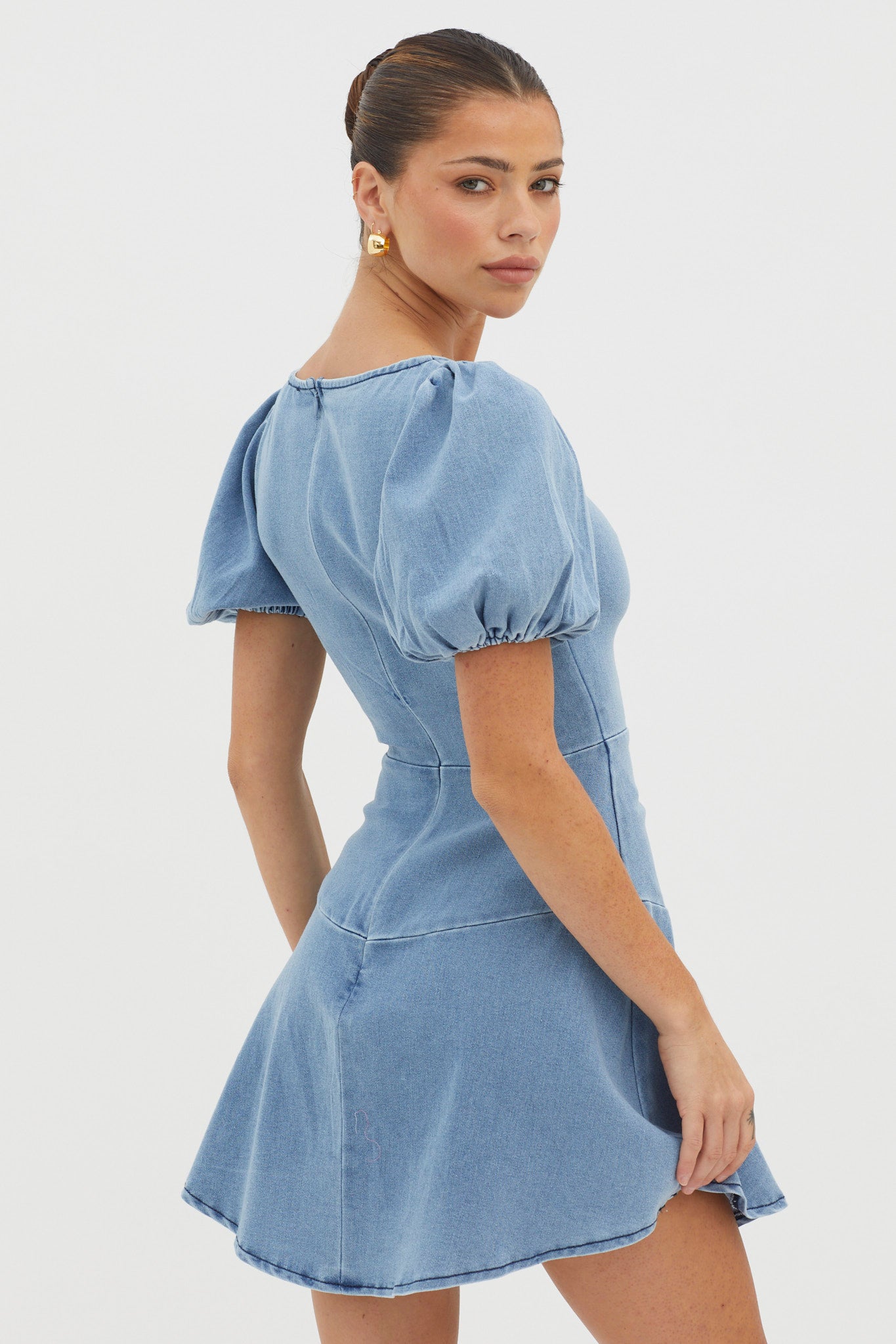 New Heights Puff Sleeve Mini Dress Denim Blue