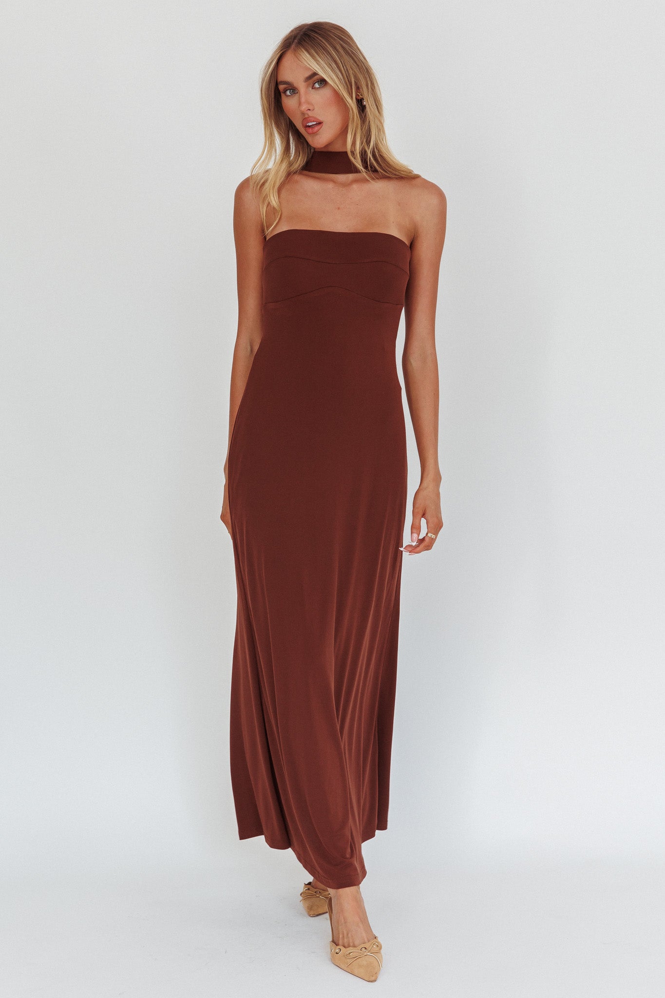 Damsel Reverse Halter Maxi Dress Chocolate