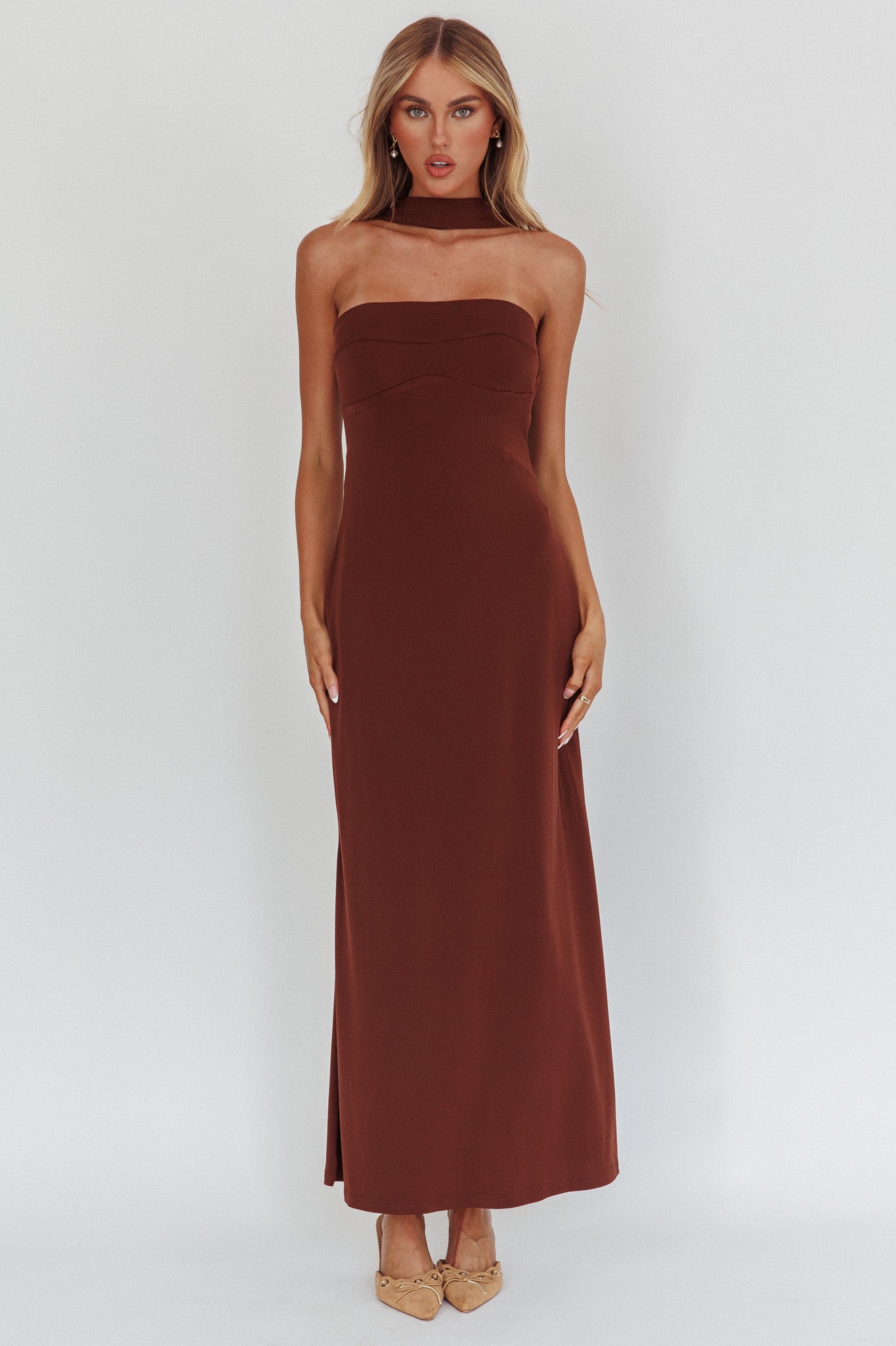 Damsel Reverse Halter Maxi Dress Chocolate