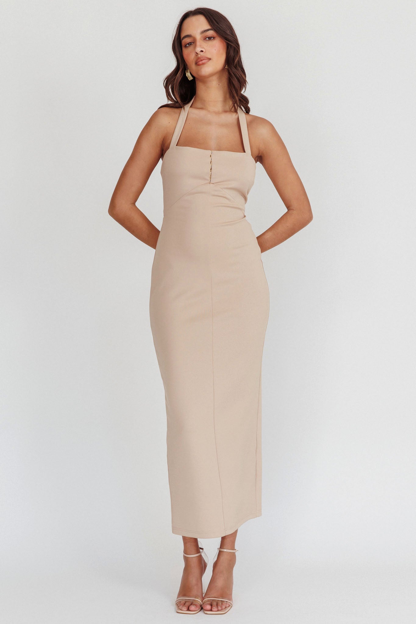 Goldfoil Halter Neck Maxi Dress Ecru