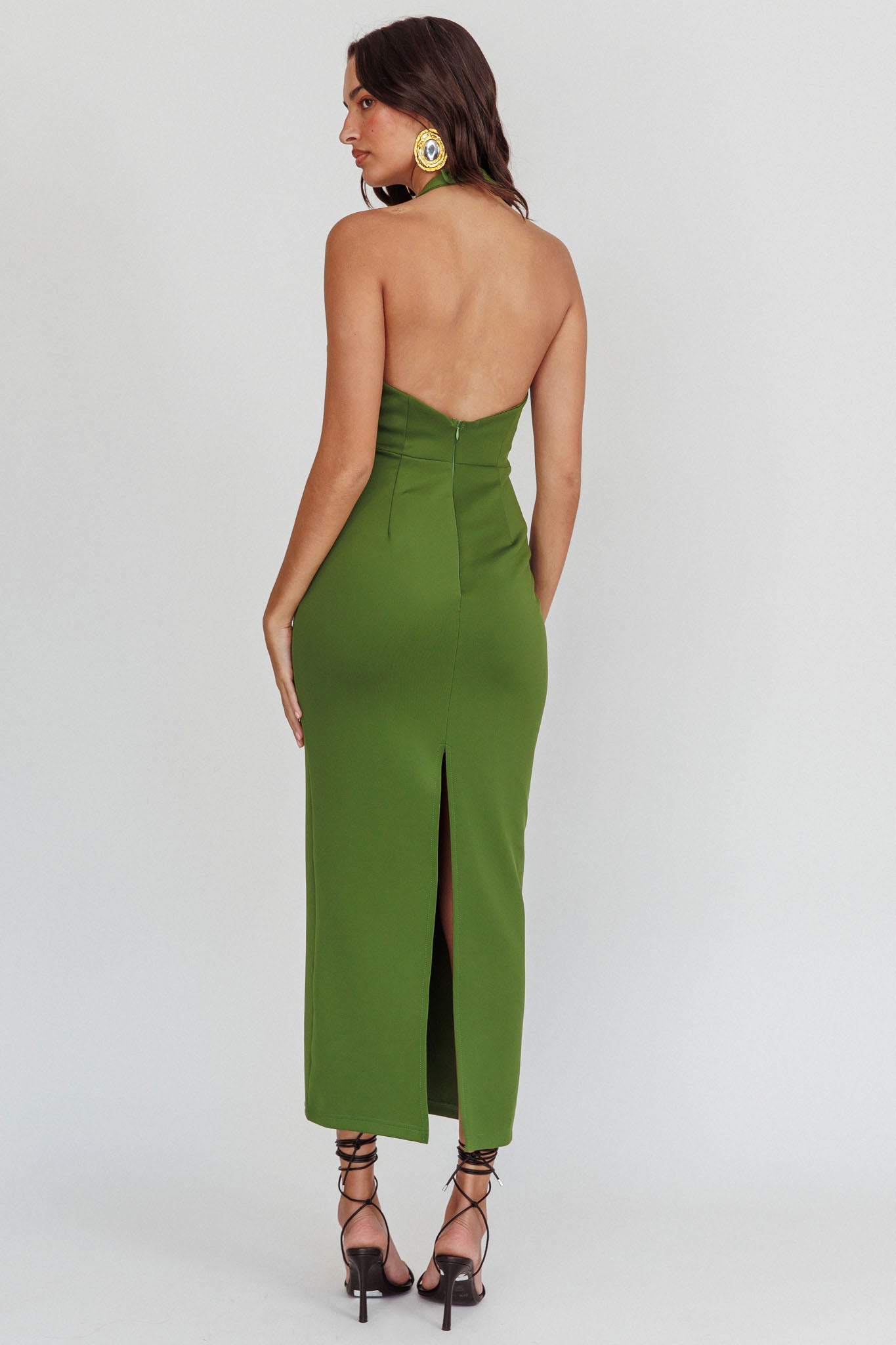 Goldfoil Halter Neck Maxi Dress Olive