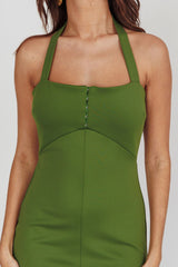 Goldfoil Halter Neck Maxi Dress Olive