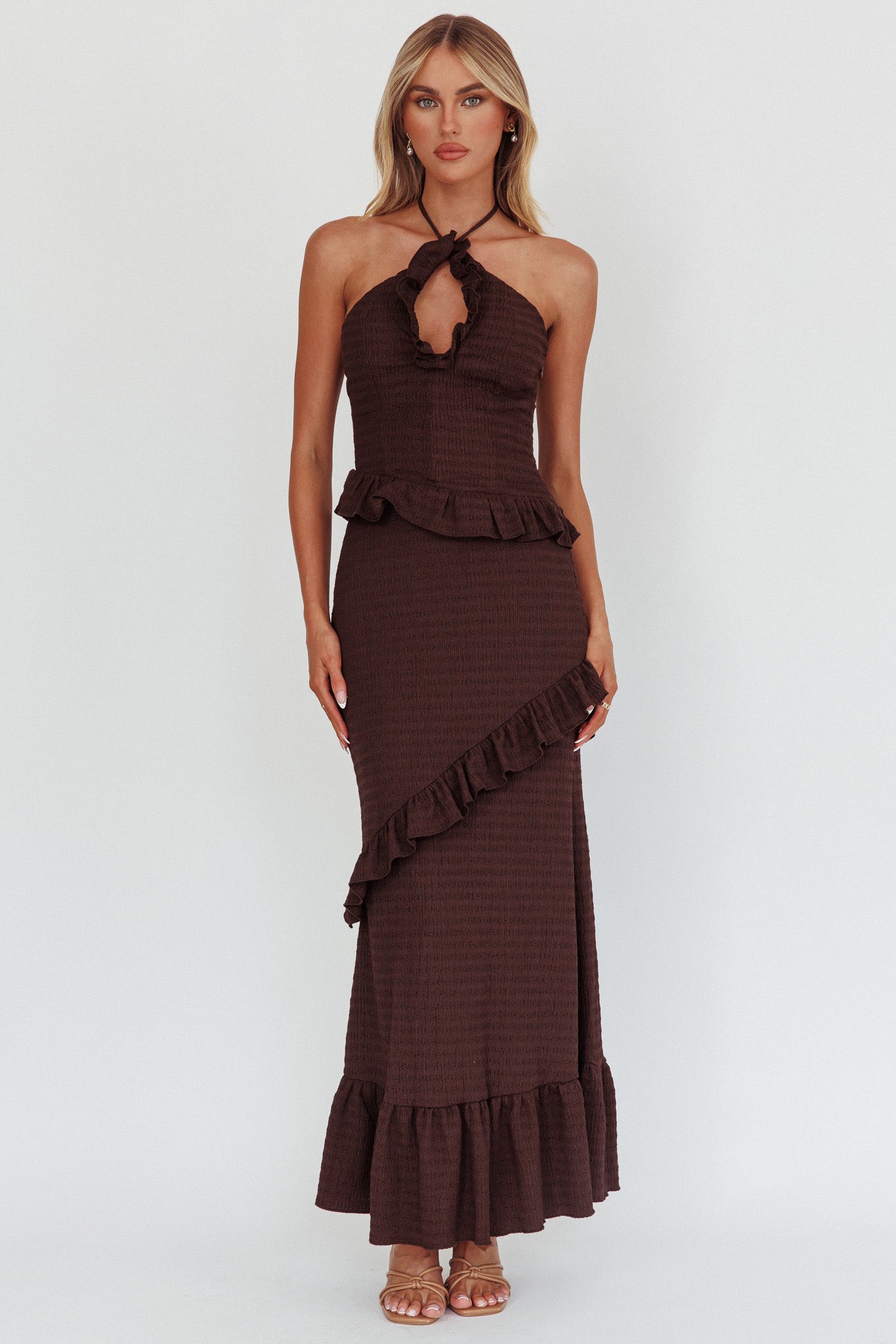 Clemence Smocked Frill Trim Maxi Dress Chocolate
