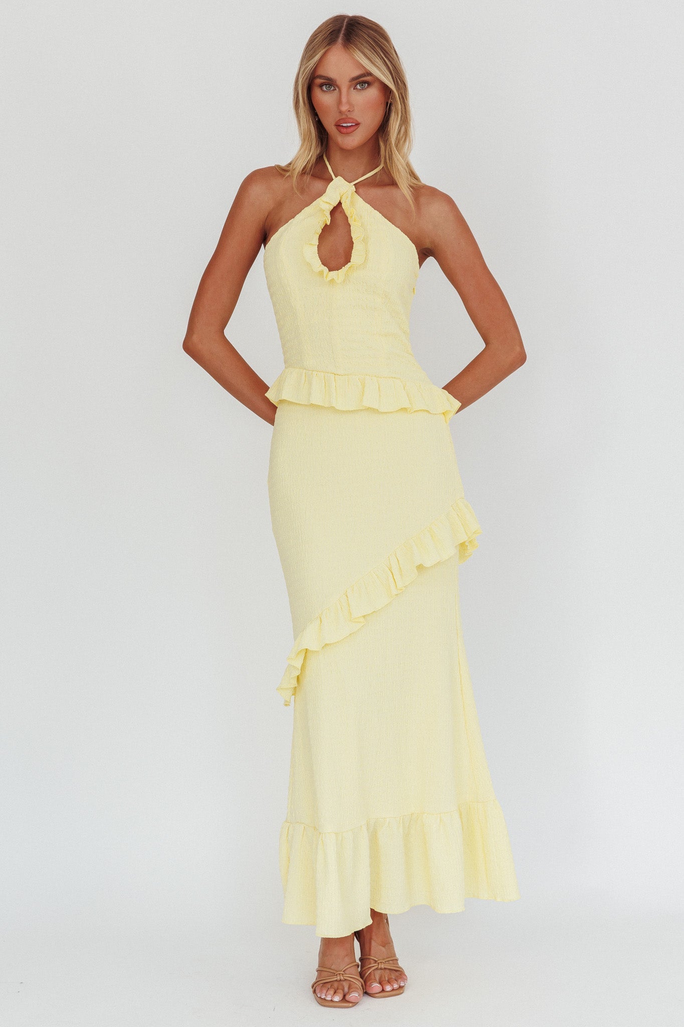 Clemence Smocked Frill Trim Maxi Dress Lemon