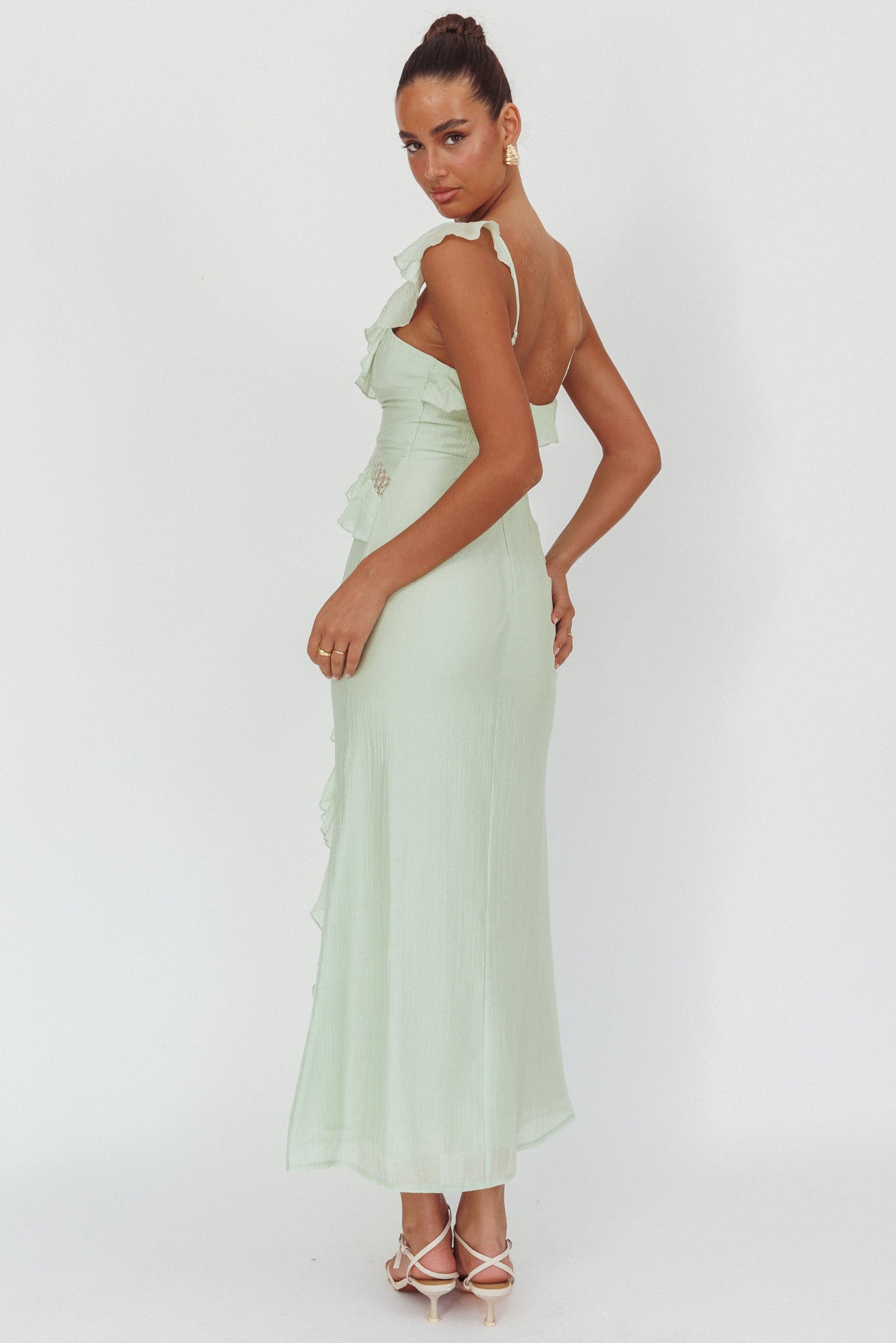 La Estrella Ruffle And Lace Trim Maxi Dress Sage