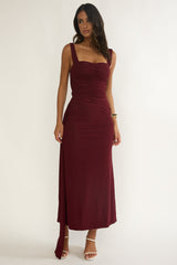 Emara Ruched Waist Sash Maxi Dress Burgundy