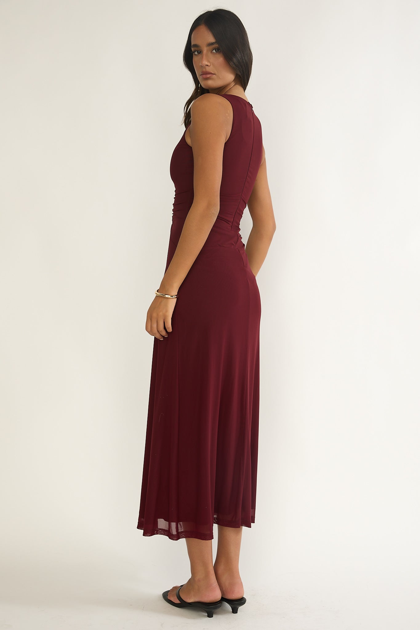 Cambrea Ruched Bodice Midi Dress Burgundy