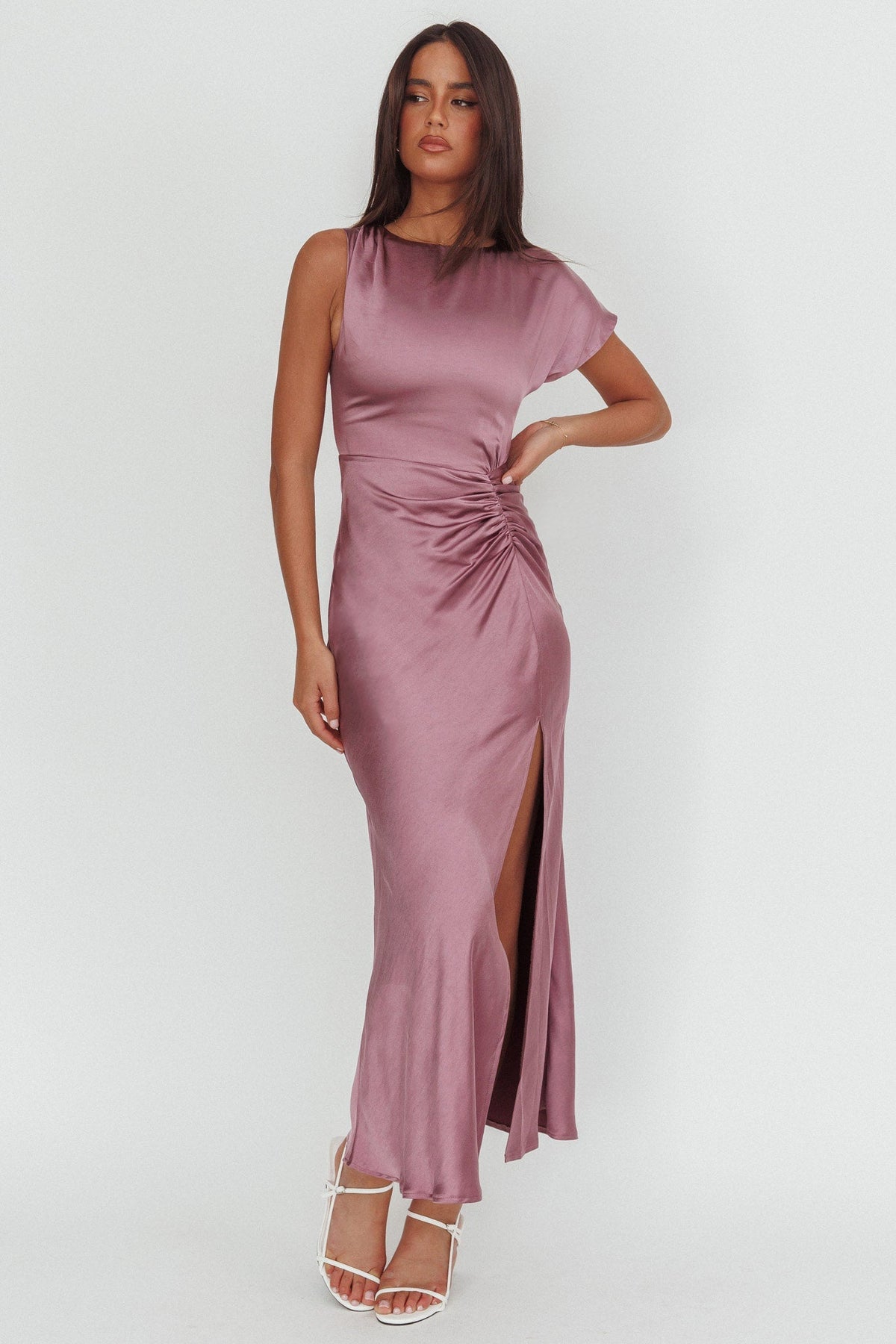 Larelle One-Sleeve Front Split Maxi Dress Grape