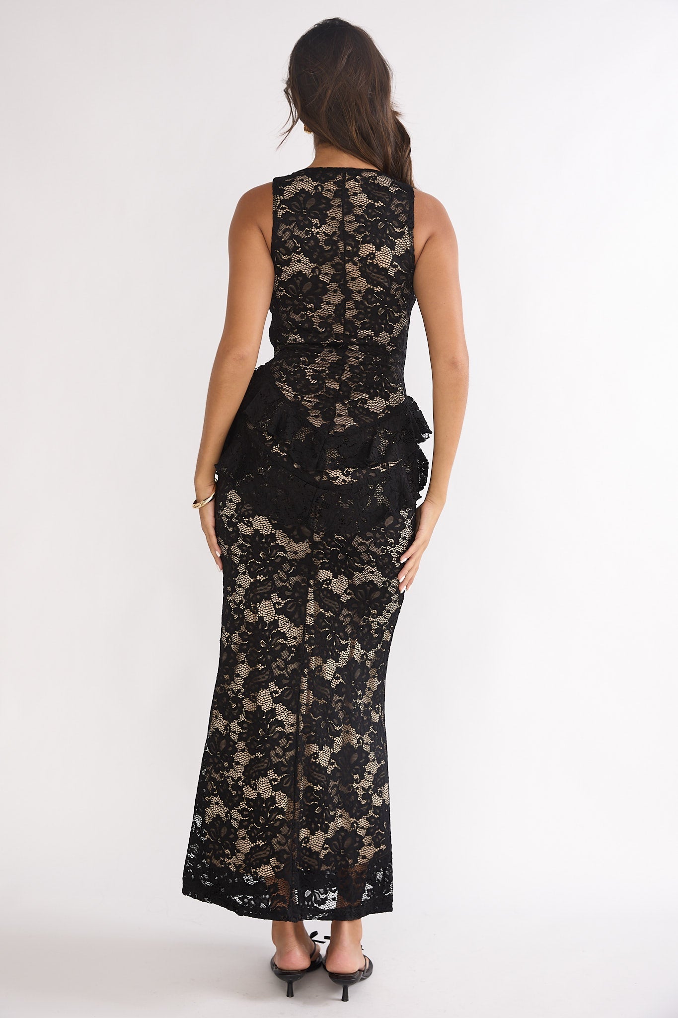 Serenella Peplum Lace Maxi Dress Black