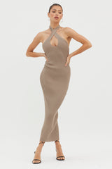 Lovelock Halterneck Ribbed Knit Midi Dress Latte