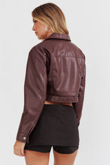 Navigator Snap Button Faux Leather Jacket Brown