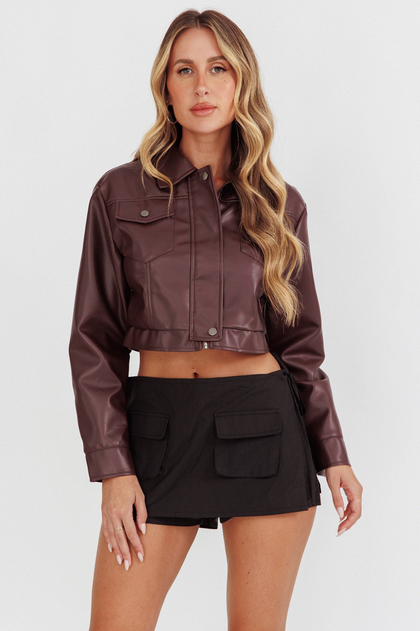Navigator Snap Button Faux Leather Jacket Brown