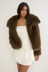 Harlequinn Oversized Lapel Faux Fur Jacket Coffee