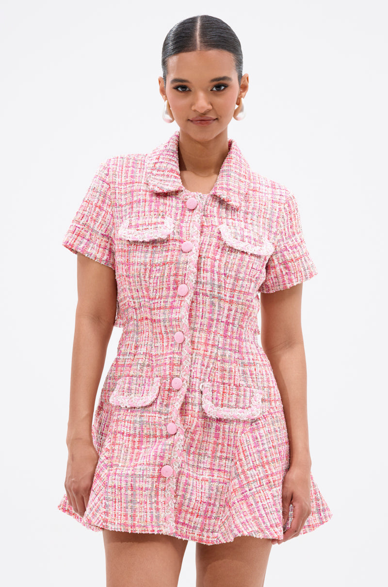 TAKE NOTES TWEED MINI DRESS IN PINK
