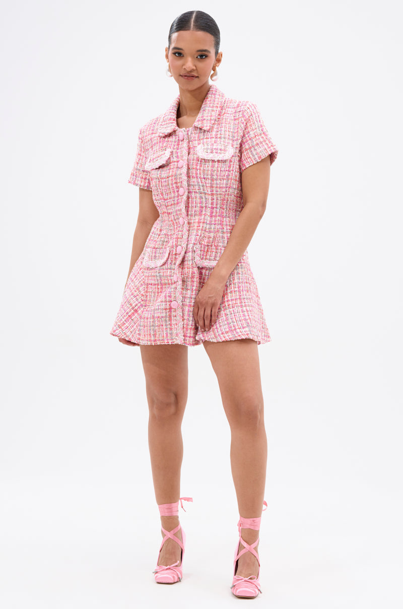 TAKE NOTES TWEED MINI DRESS IN PINK