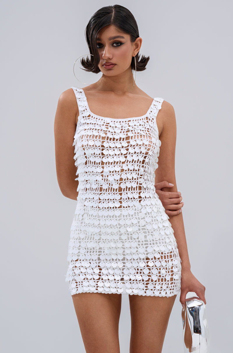 SHINE BRIGHT CROCHET SEQUIN MINI DRESS IN WHITE
