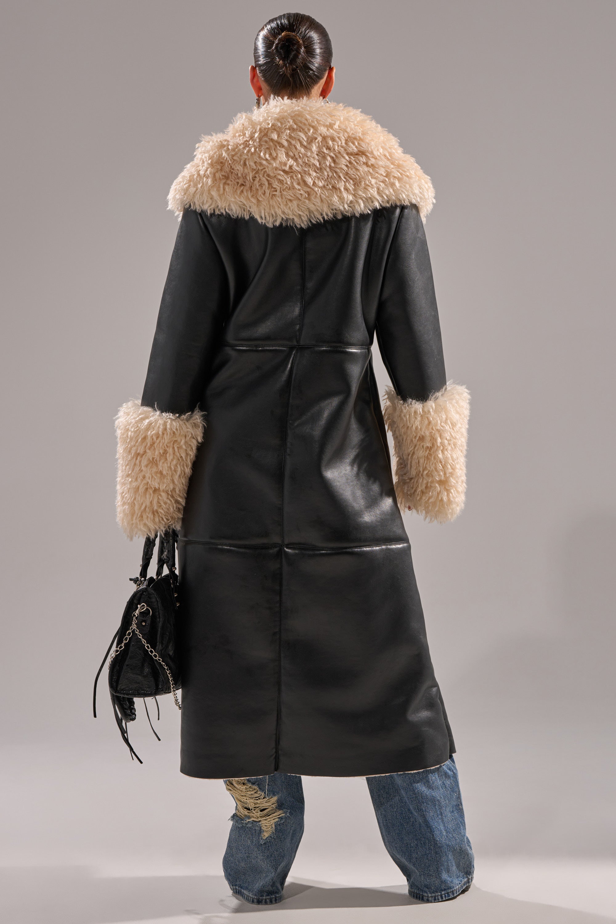 SHE GOT IT FLUFFY PU TRENCH WITH BONDED SHERPA
