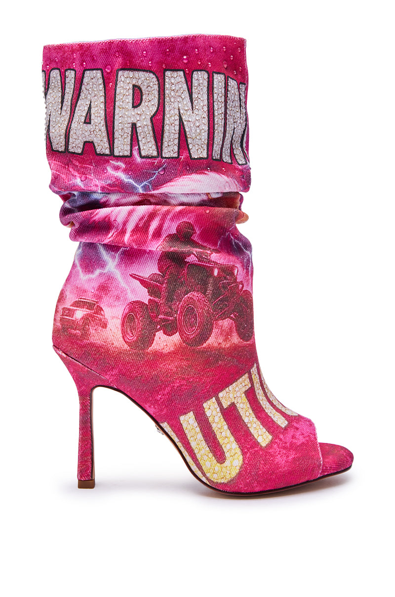 AKIRA GOLD FORMIDABLE PINK MULTI ABSTRACT OPEN TOE BOOTIE