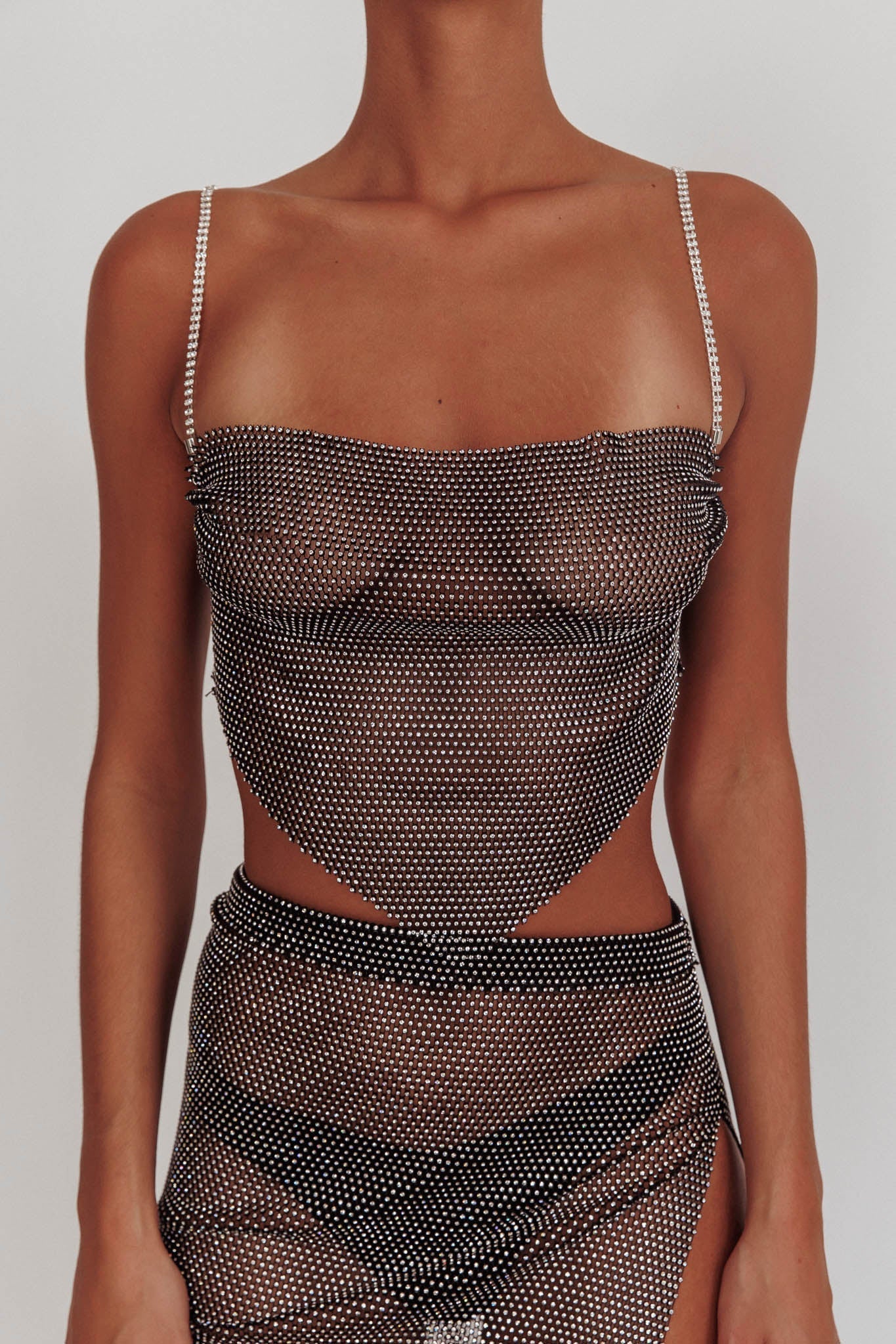 Eden Nights Diamante Mesh Top Black