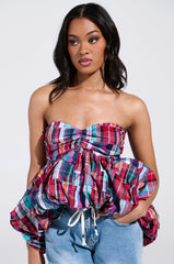 MIXED PLAID CROPPED BUBBLE BLOUSE