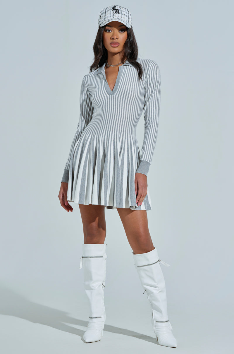 ALINA PLEATED KNIT FIT AND FLARE MINI DRESS WITH LONG SLEEVES IN GREY MULTI