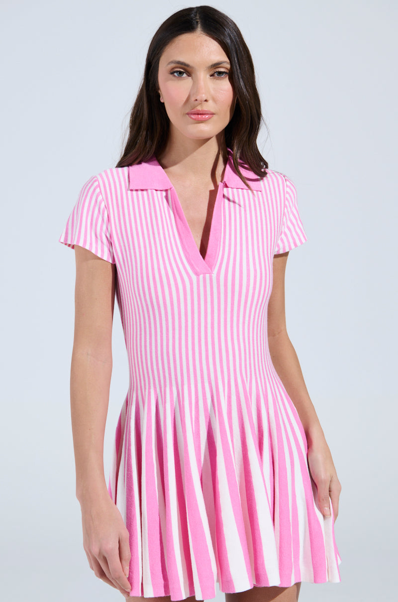 ALINA PLEATED KNIT FIT AND FLARE MINI DRESS IN PINK MULTI
