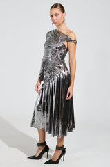 TURN BACK TIME SILVER METALLIC MIDI DRESS