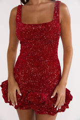 Cherry Bomb Frill Hem Romper Sequin Red