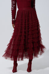 STARS ALIGNED MESH RUFFLE MAXI SKIRT IN BURGUNDY