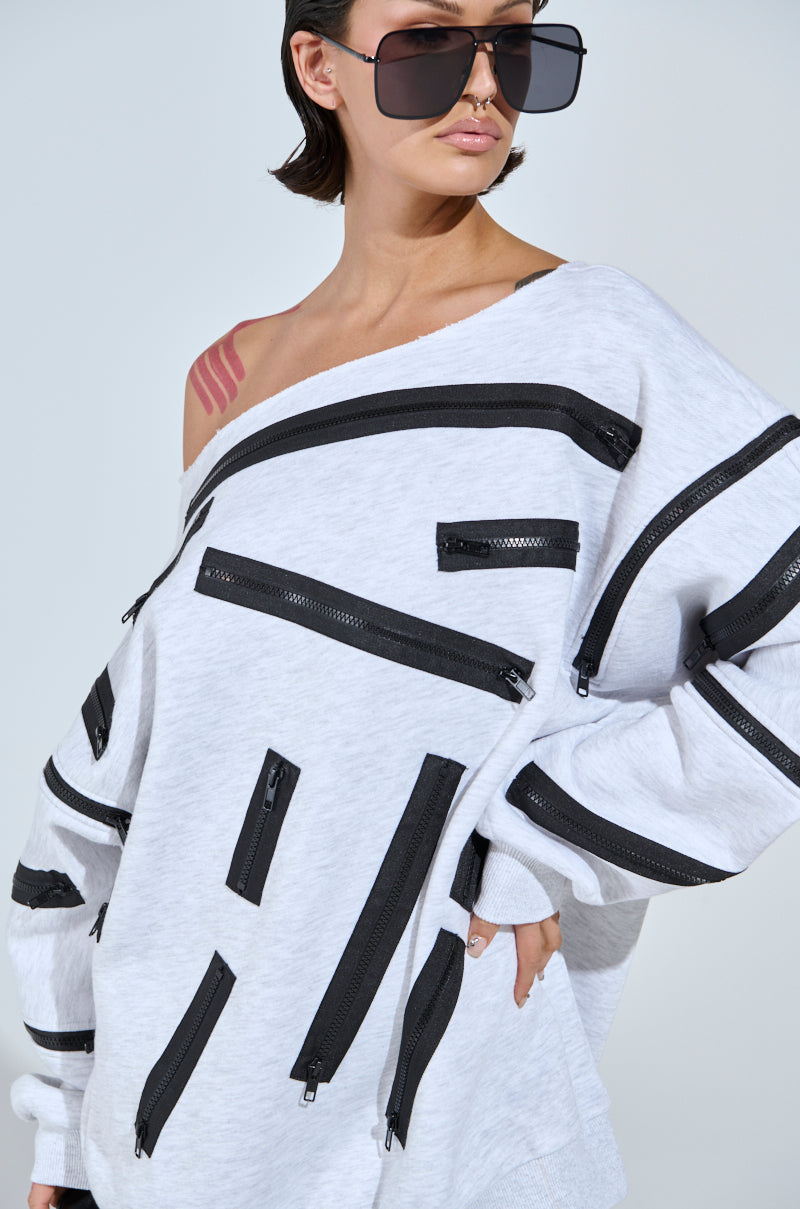 ZIP ZAP OFF THE SHOULDER SWEATSHIRT DRESS-GREY MULTI