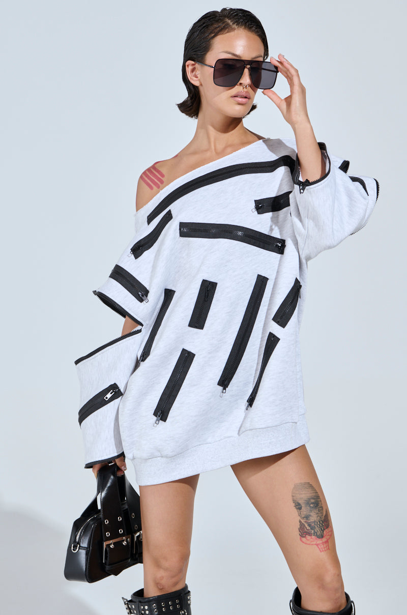 ZIP ZAP OFF THE SHOULDER SWEATSHIRT DRESS-GREY MULTI