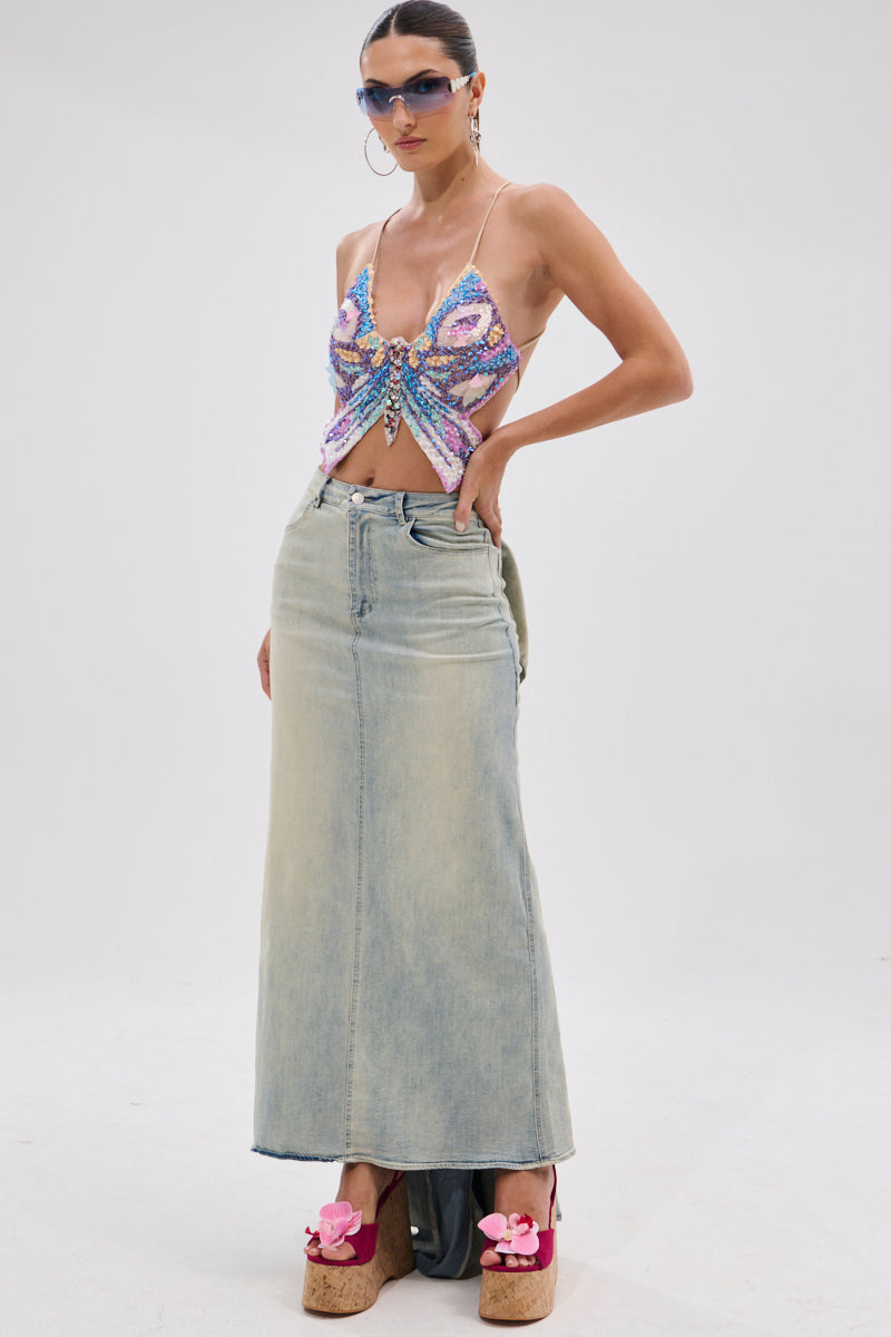 OH THE DRAMA BACK BOW DENIM MAXI SKIRT WITH TRAIN