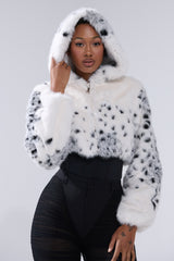 SNOW LEOPARD HOODED FUR BOMBER