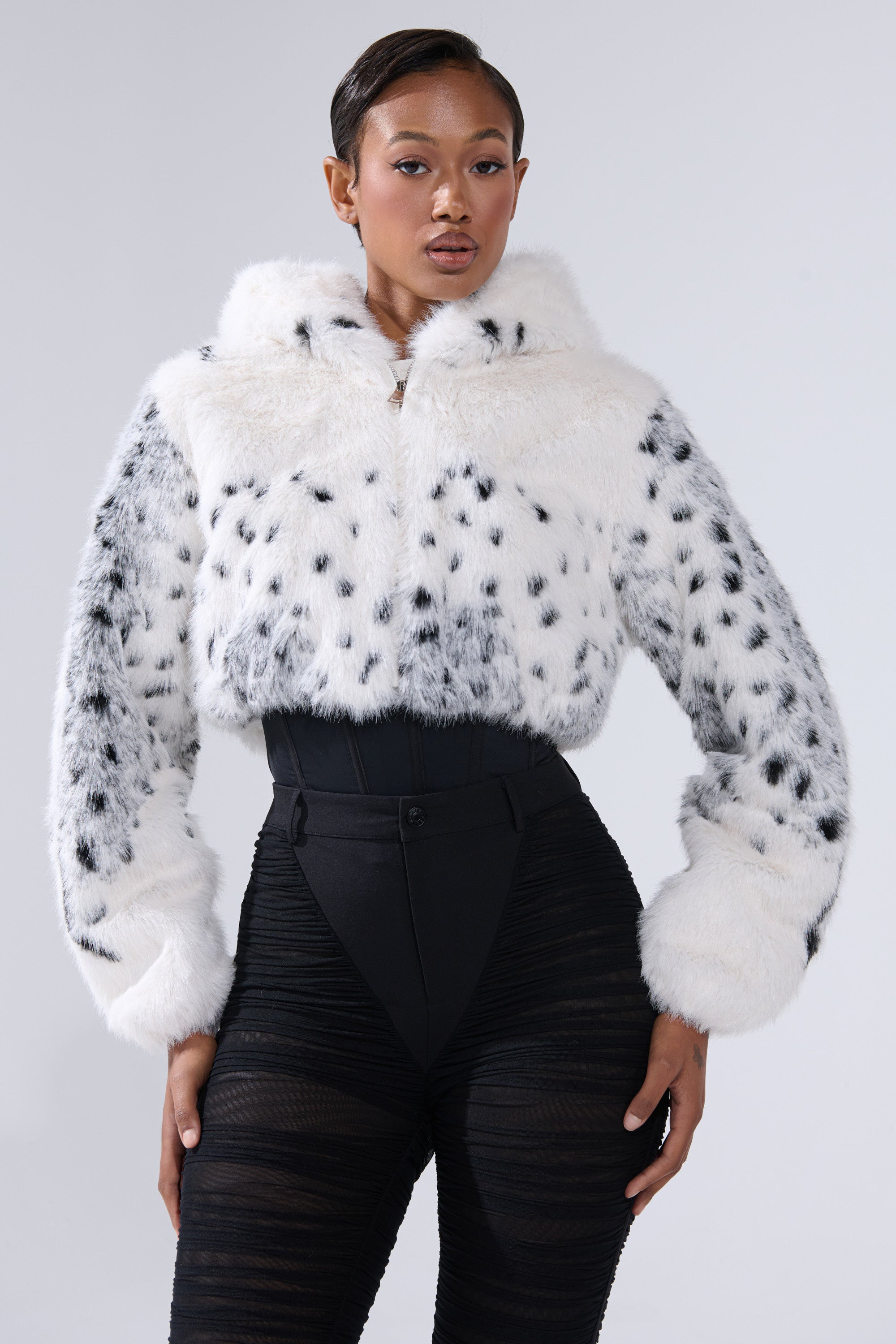 SNOW LEOPARD HOODED FUR BOMBER