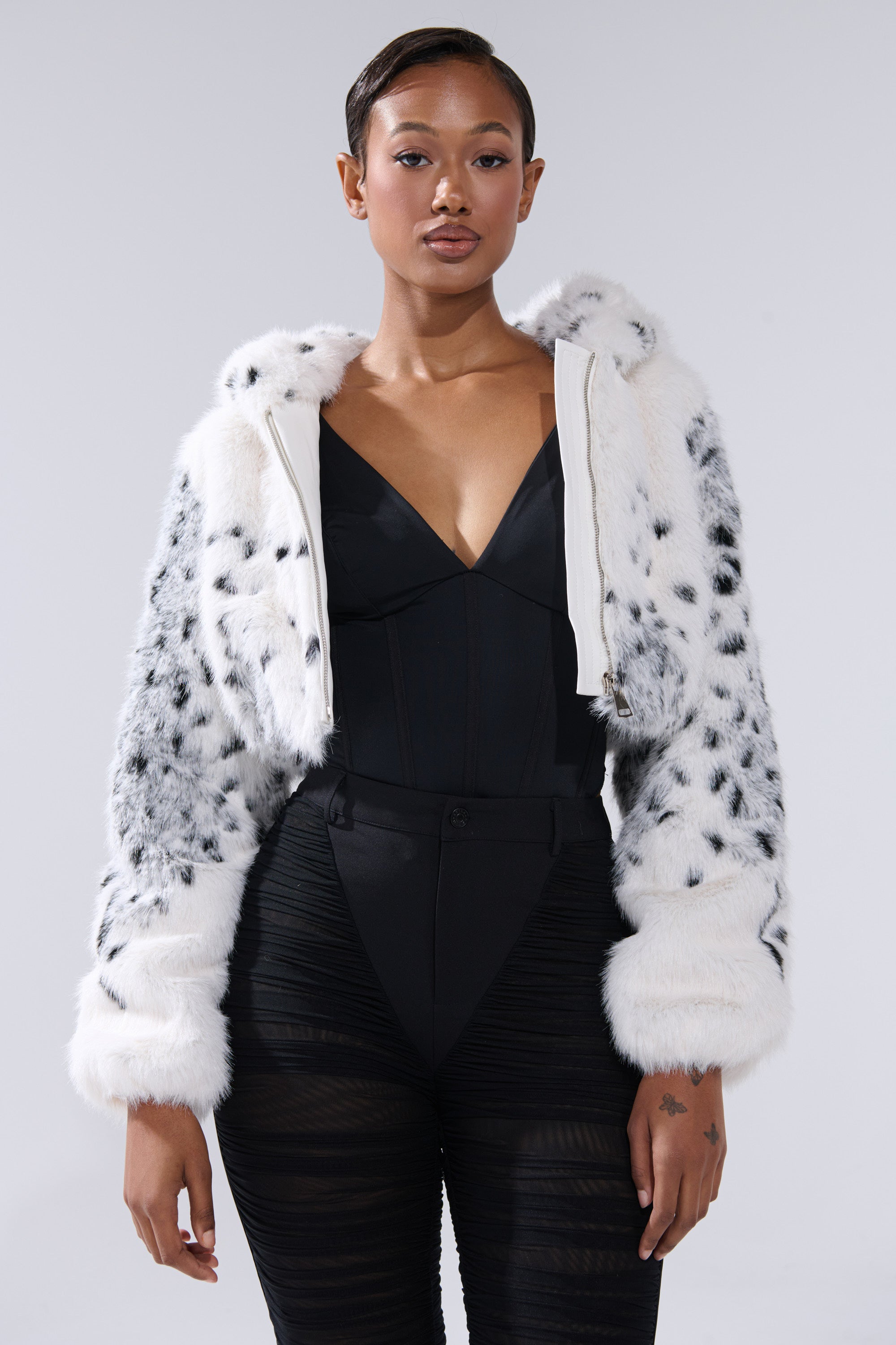SNOW LEOPARD HOODED FUR BOMBER