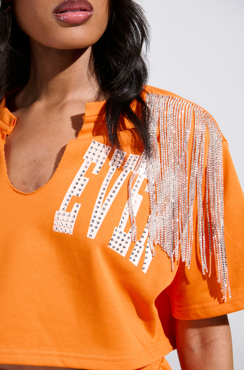 WHATEVER YOU WANT CROPPED RHINESTONE FRINGE TEE