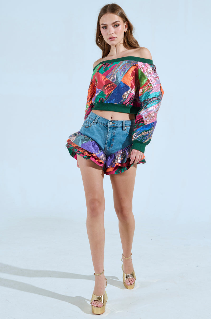 LIFE IS BUT A DREAM OFF THE SHOULDER MULTI PRINT SWEATSHIRT