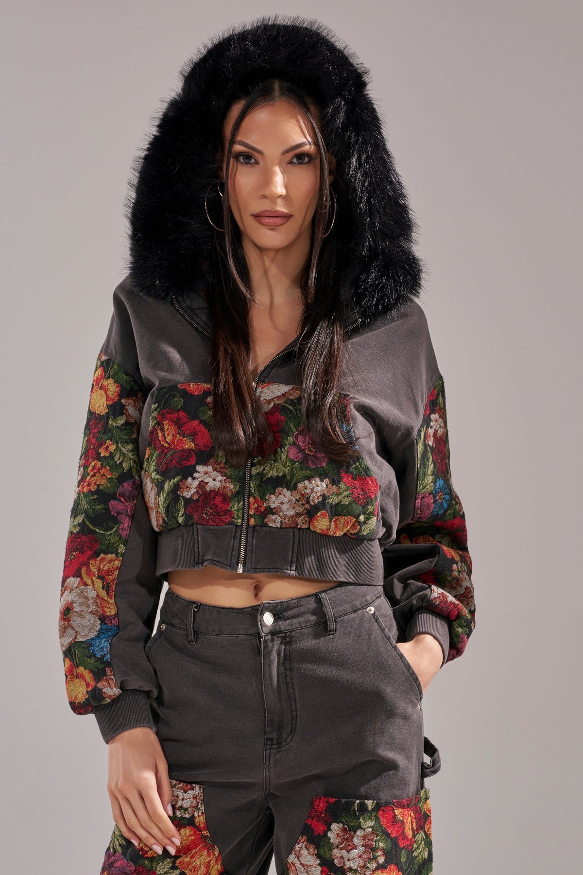 TRY ME FLORAL DENIM ZIP UP SWEATSHIRT