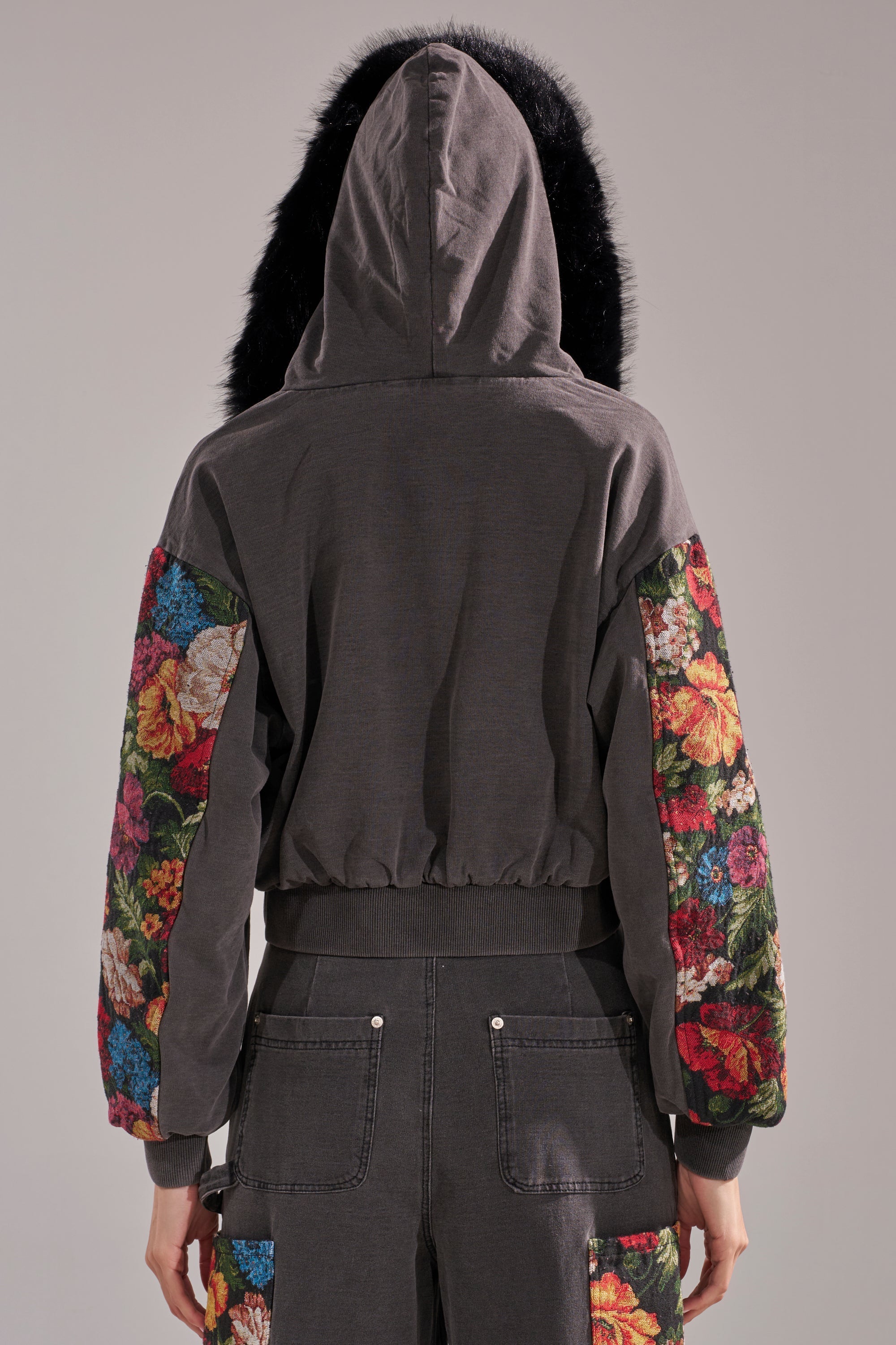 TRY ME FLORAL DENIM ZIP UP SWEATSHIRT