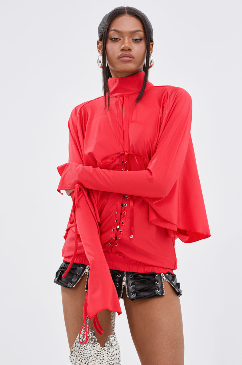 TIERRA TIE FRONT MOCK NECK BLOUSE