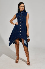 WINONA CAP SLEEVE BUTTON DOWN DENIM MIDI DRESS IN DARK BLUE