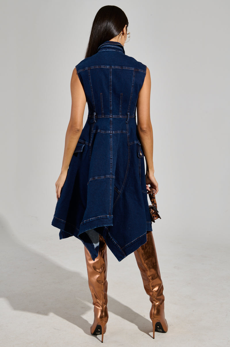 WINONA CAP SLEEVE BUTTON DOWN DENIM MIDI DRESS IN DARK BLUE