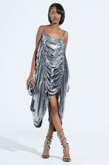 SMOOTH OPERATOR RUCHED MINI DRESS IN METALLIC GREY