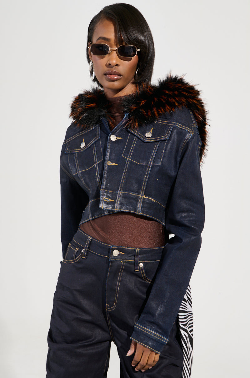 SITTING PRETTY FUR TRIM COATED DENIM JACKET