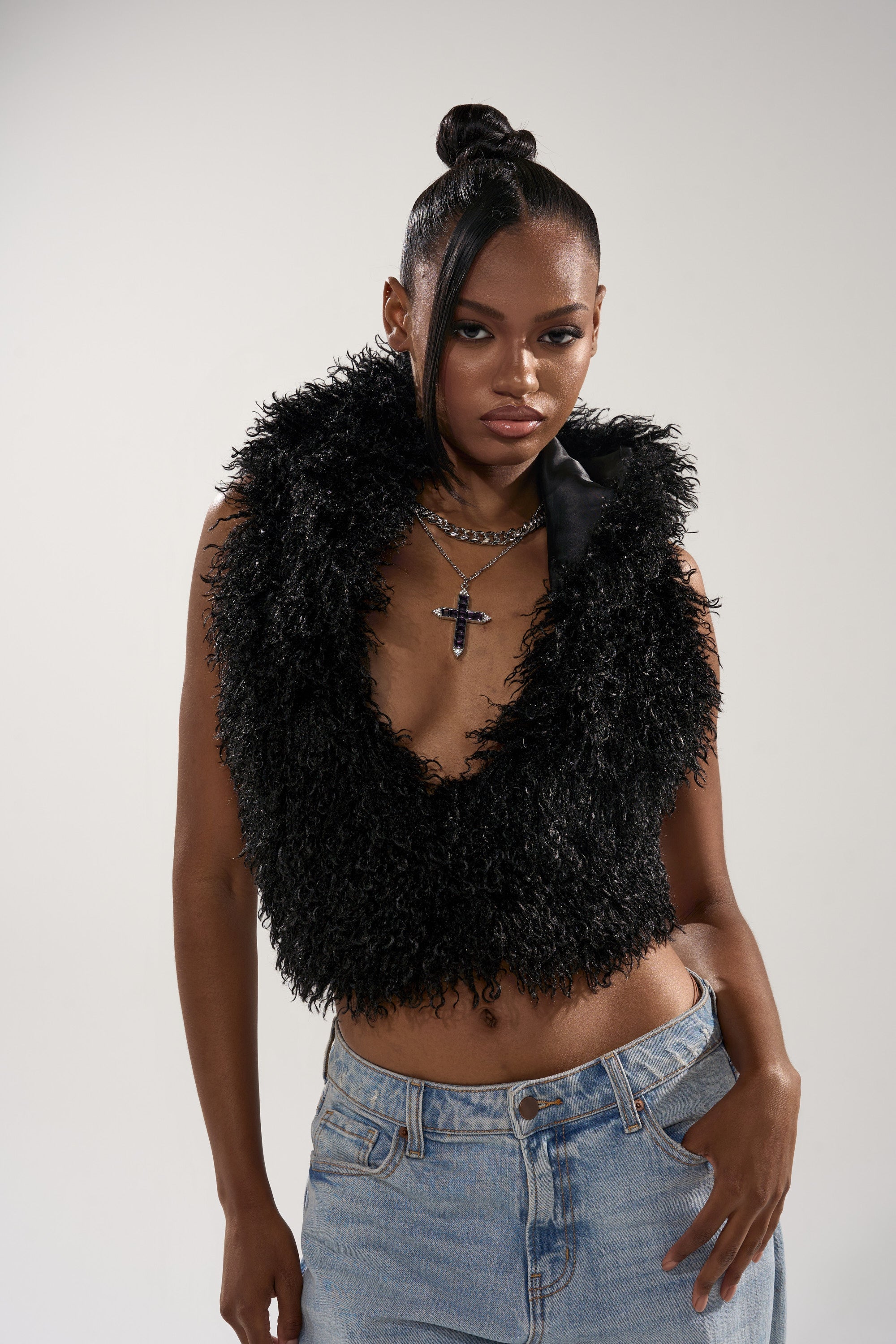 THINK ABOUT YOU ALL THE TIME FUR BLOUSE IN BLACK