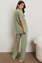 Liloh Contrast Ribbed Wide Leg Pant Sage