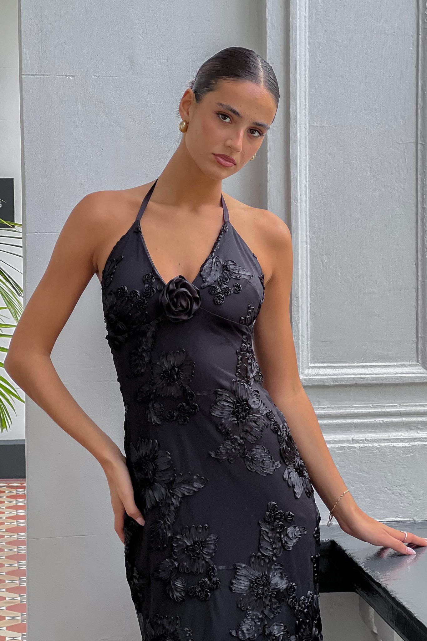 Your Affections Rosette Ribbon Embellished Maxi Dress Black